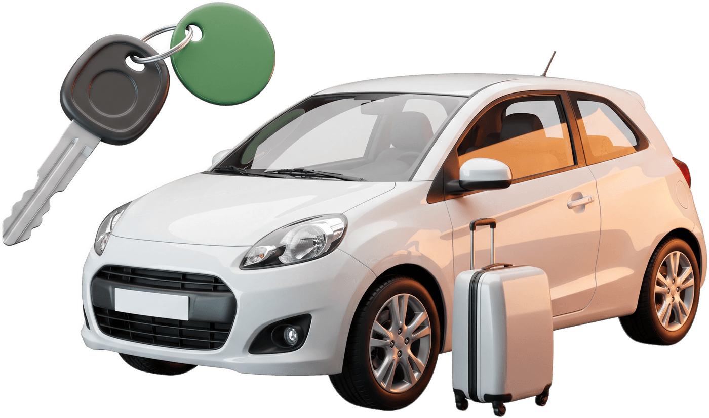Mietwagen mit Autoschlüssel und Koffer